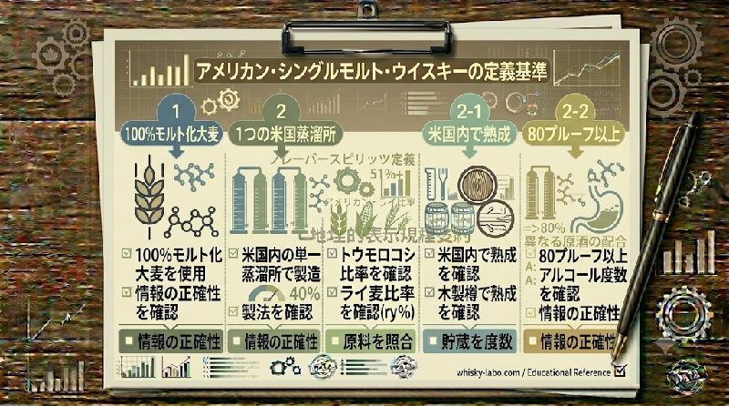 アメリカンシングルモルトの定義を原料、蒸留場所、熟成条件、度数表示で整理した資料風イメージ