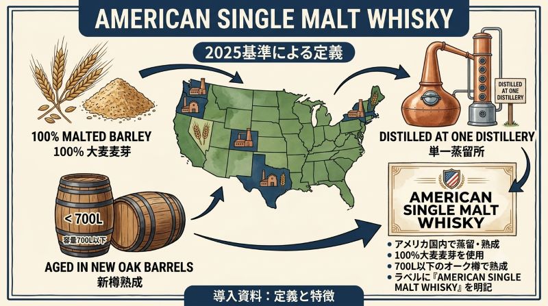 アメリカンシングルモルトの定義条件である100％大麦麦芽、単一蒸留所、オーク樽貯蔵、瓶詰め度数を示す資料風イメージ