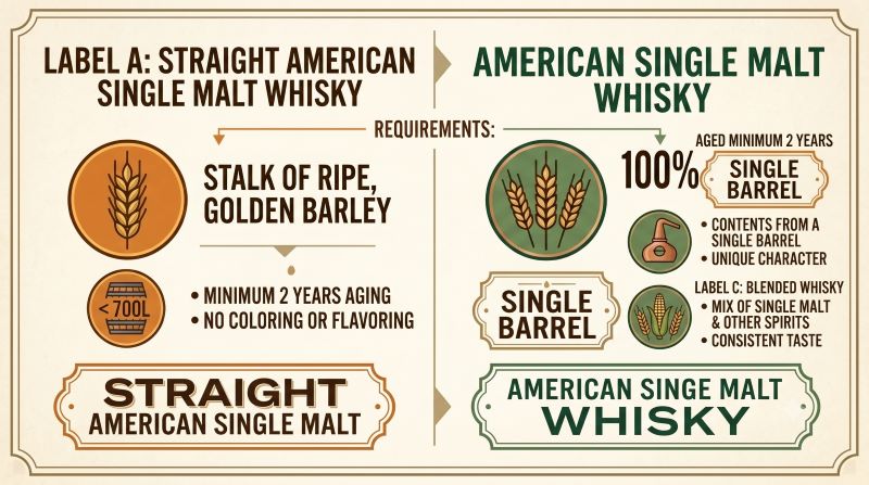 American single malt whisky、Straight American single malt whisky、Single Barrel、Blended Whiskeyのラベル表示を比較する資料風イメージ
