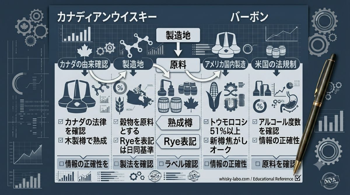 「カナディアンウイスキー」と「バーボン」を左右に分け、中央に「違いを確認するポイント」として、製造地・原料・熟成樽・Rye表記・ラベル確認を並べた比較図風イメージ。