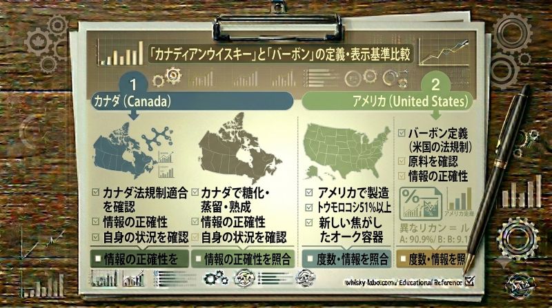 カナダとアメリカの地図風シルエットを使い、カナディアンウイスキーは「カナダで糖化・蒸留・熟成」、バーボンは「アメリカで製造」「トウモロコシ51%以上」「新しい焦がしたオーク容器」と整理した資料風イメージ。