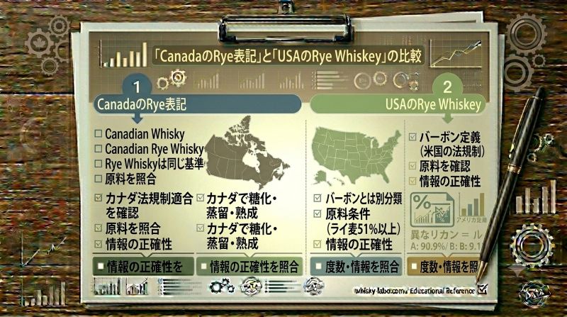 「CanadaのRye表記」と「USAのRye Whiskey」を左右で比較し、カナダではCanadian Whisky、Canadian Rye Whisky、Rye Whiskyが同じ基準内で扱われること、アメリカではRye Whiskeyがバーボンとは別分類になることを示す比較表風イメージ。