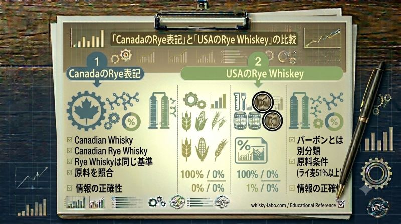 カナディアンウイスキーとアメリカンライウイスキーにおけるRye表記の違いを比較した資料風イメージ