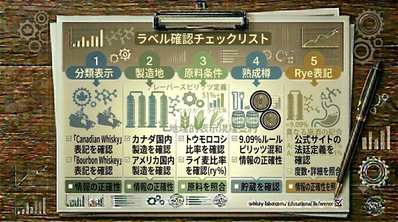 カナディアンウイスキーとバーボンをラベル表示で確認するためのチェックリスト風イメージ