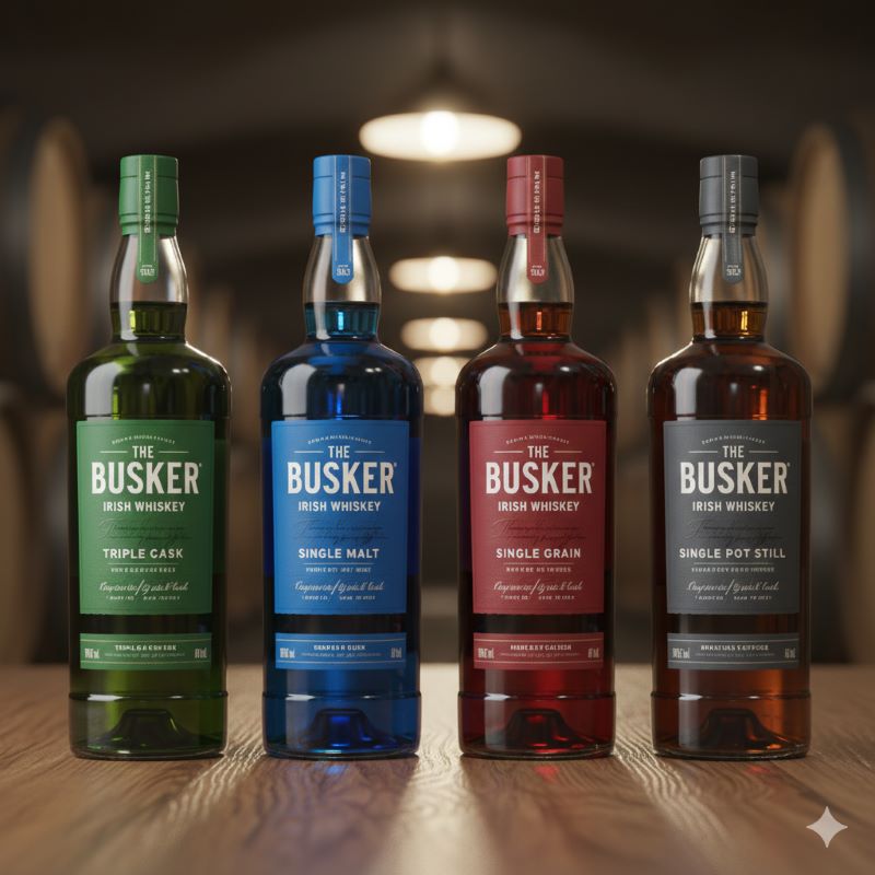 4種類の異なるウイスキー（緑、青、赤、灰）のテイスティングフライトと色の違いを確認する様子