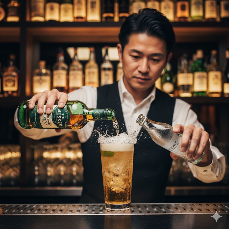 強炭酸で割った爽快感のあるウイスキーハイボールと、バスカー緑の特徴である青リンゴのイメージ