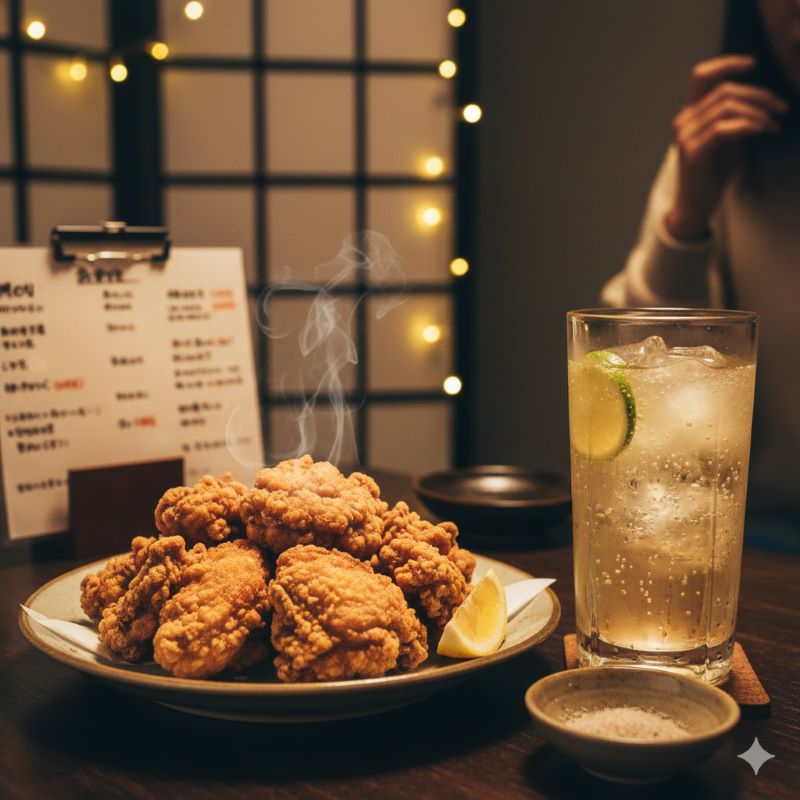 自宅での晩酌タイムに、揚げ物料理と合わせてウイスキーハイボールを楽しむ日本人女性