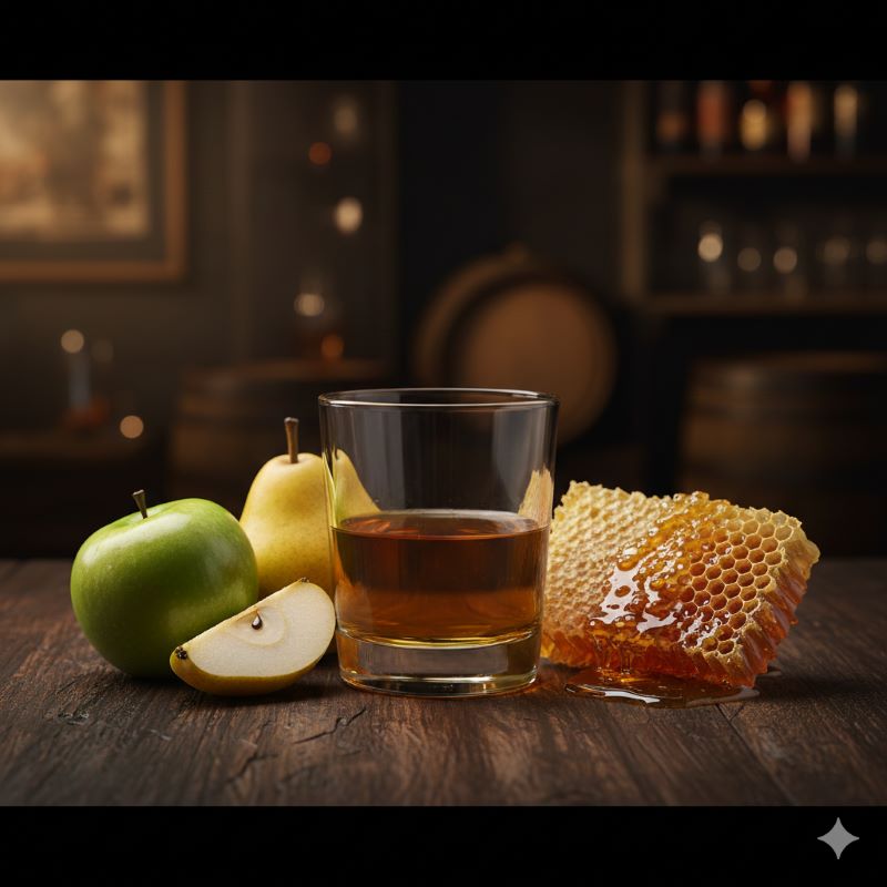 バスカー緑の特徴的なフレーバーを表す、ウイスキーが入ったグラスの周りに配置された新鮮な青リンゴ、洋梨、そして蜂蜜の巣。