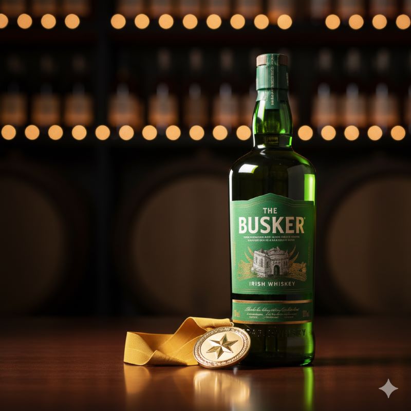 高級感のある木製テーブルの上に置かれた緑色のウイスキーボトルと、その横に置かれた金色のメダルリボン。高い評価と受賞歴を象徴している。