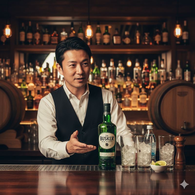 バスカー緑のボトルとグラスを用意し、美味しい飲み方を提案しようとしている日本のバーテンダーの様子。