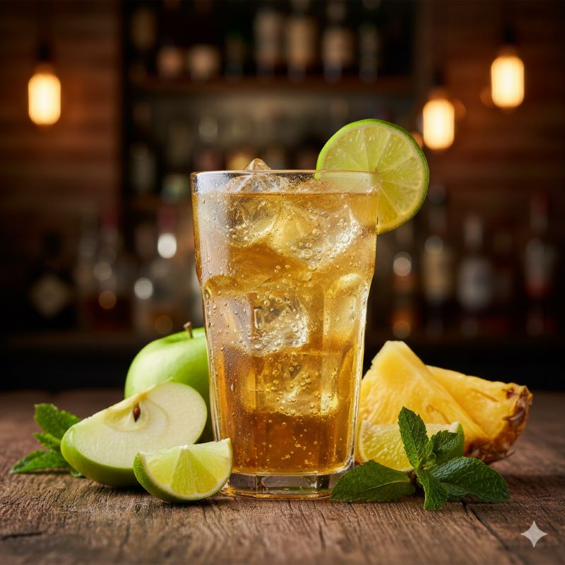 バスカー緑のトロピカルな風味を表現した、新鮮な青リンゴやパイナップルが添えられた爽快なハイボールのイメージ。