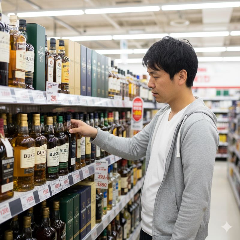 日本の量販店やディスカウントストアのお酒売り場で、棚に陳列されているバスカー緑のボトルを探すイメージ。