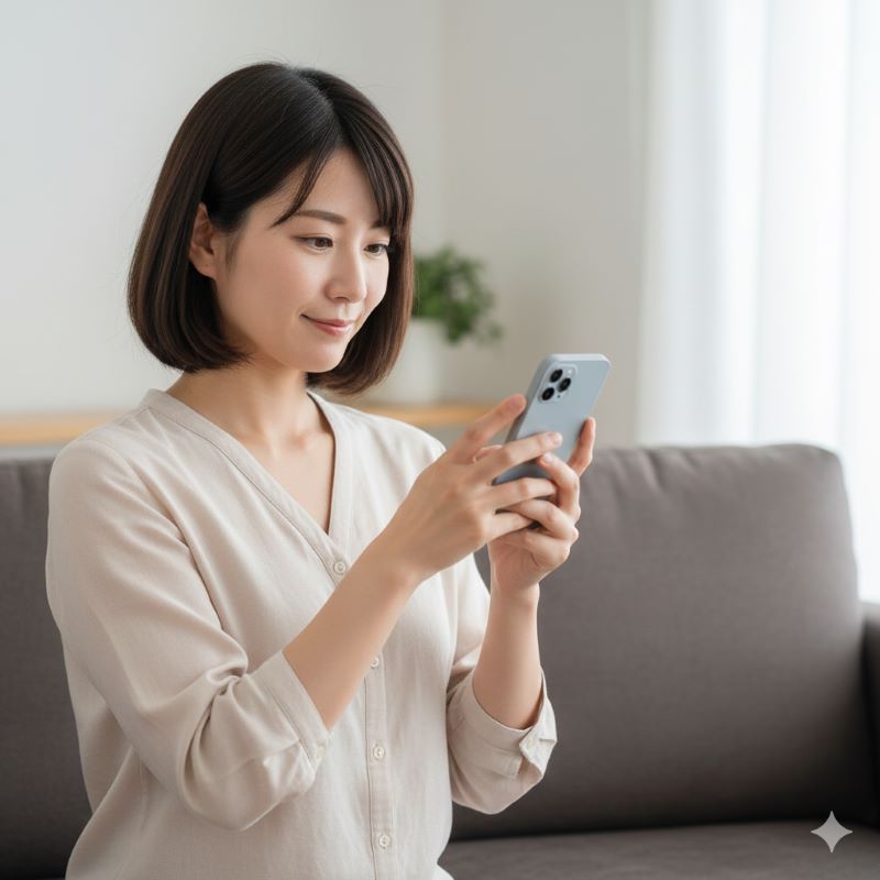 店舗で見つからないため、スマートフォンを使ってネット通販でウイスキーの在庫を確認し購入しようとしている日本人女性。