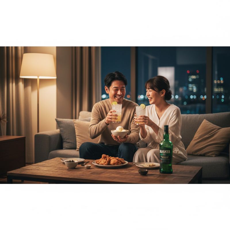 自宅のリビングでくつろぎながら、ハイボールと相性の良い唐揚げやバニラアイスを楽しんでいる日本人カップルの充実した家飲み風景。