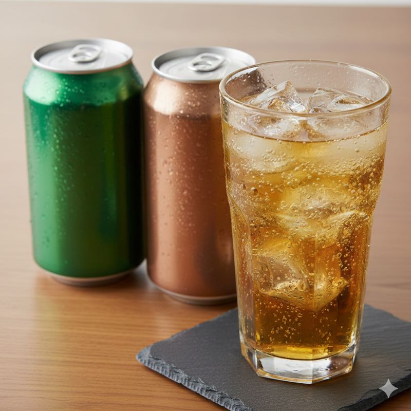 氷がたっぷり入ったグラスに注がれたハイボールと、その横に置かれた緑色と茶色の缶。表面には水滴がついており、冷たく爽快なシズル感がある。