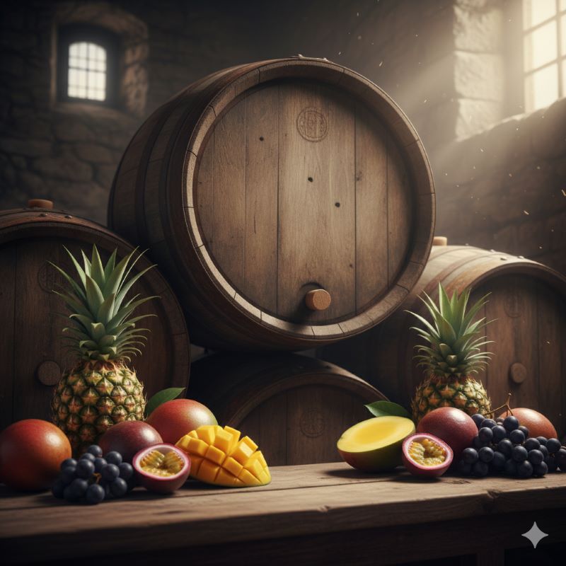ウイスキーの熟成に使われる木樽と、その周囲に配置されたパイナップルやマンゴーなどの新鮮なトロピカルフルーツ。バスカー特有のフルーティーな香りのイメージ。