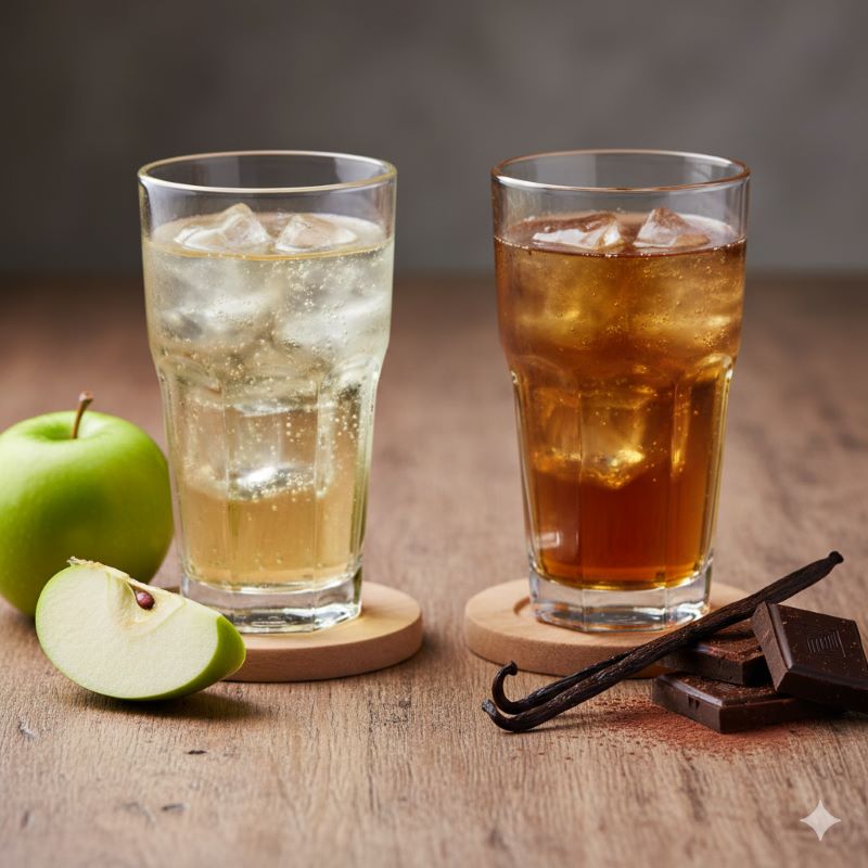 テーブルの上に置かれた2つのハイボールグラス。左側のグラスの横には青リンゴ、右側のグラスの横にはバニラビーンズとチョコレートが置かれ、6%と8%のフレーバーの違いを視覚的に比較している。