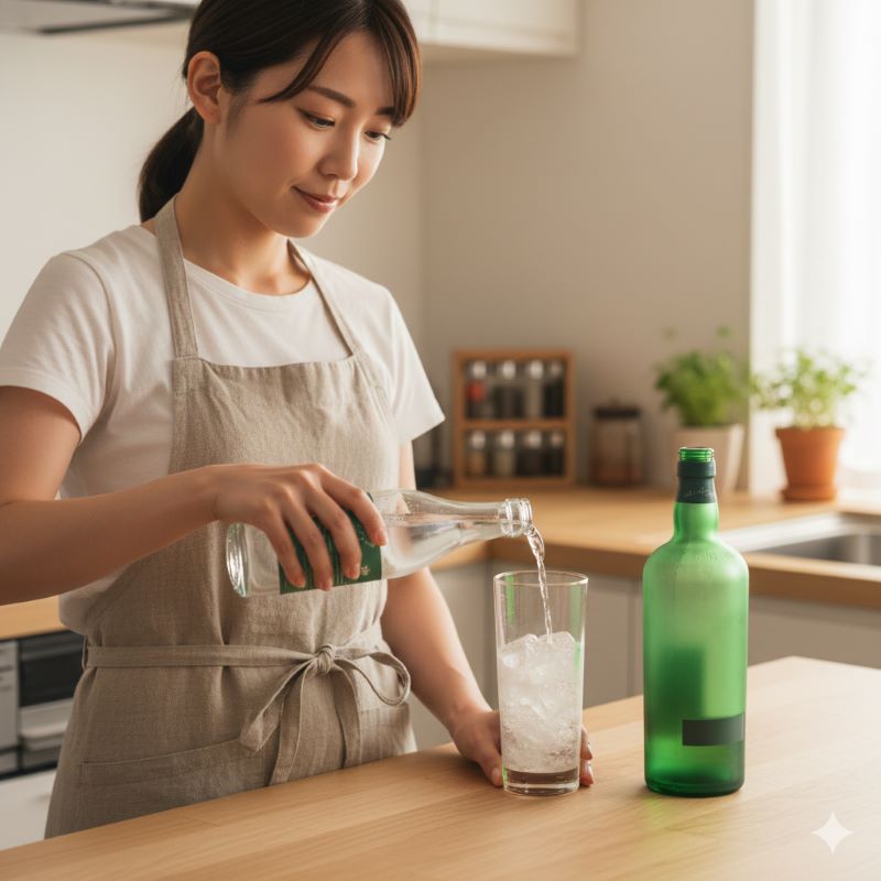 自宅のキッチンカウンターでハイボールを作っている日本人女性。氷を入れたグラスに炭酸水を注いでおり、横には緑色のウイスキーボトルが置かれている。