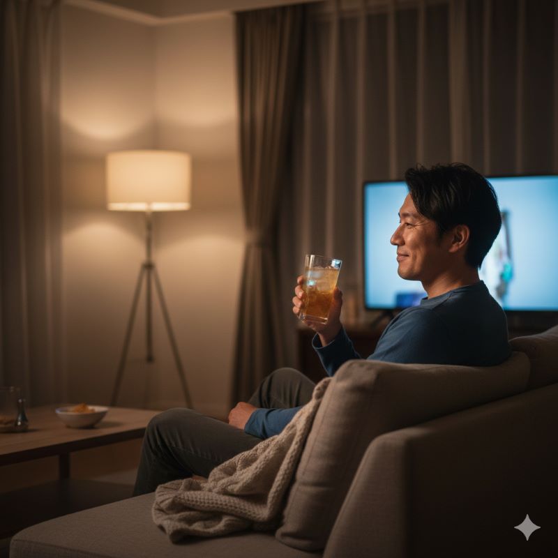 夜のリビングルームでソファに座り、リラックスしてハイボールの入ったグラスを手に微笑む日本人男性。自宅での至福の晩酌タイムを表現。