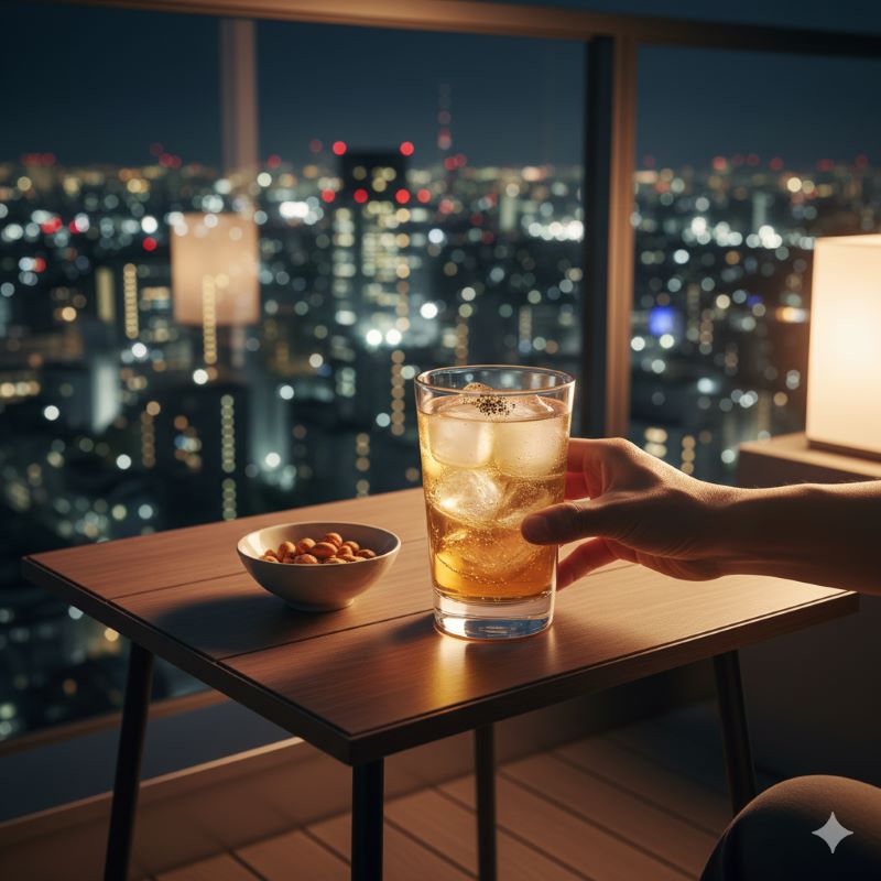 週末のご褒美として、夜景を眺めながらリラックスした時間を過ごすバスカーハイボールの飲用シーン。