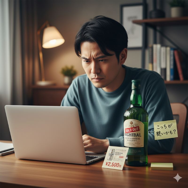 ノートパソコンで通販サイトの高額な転売価格を見て困惑する日本人と、その横に置かれた正規価格のウイスキーボトル。通販のリスクとボトル購入という選択肢を示唆。