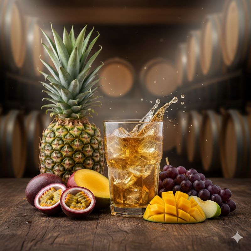 ハイボールグラスの周囲にパイナップルやマンゴーなどのトロピカルフルーツが配置されたイメージ画像。バスカー特有の華やかでフルーティーな味わいを視覚化。