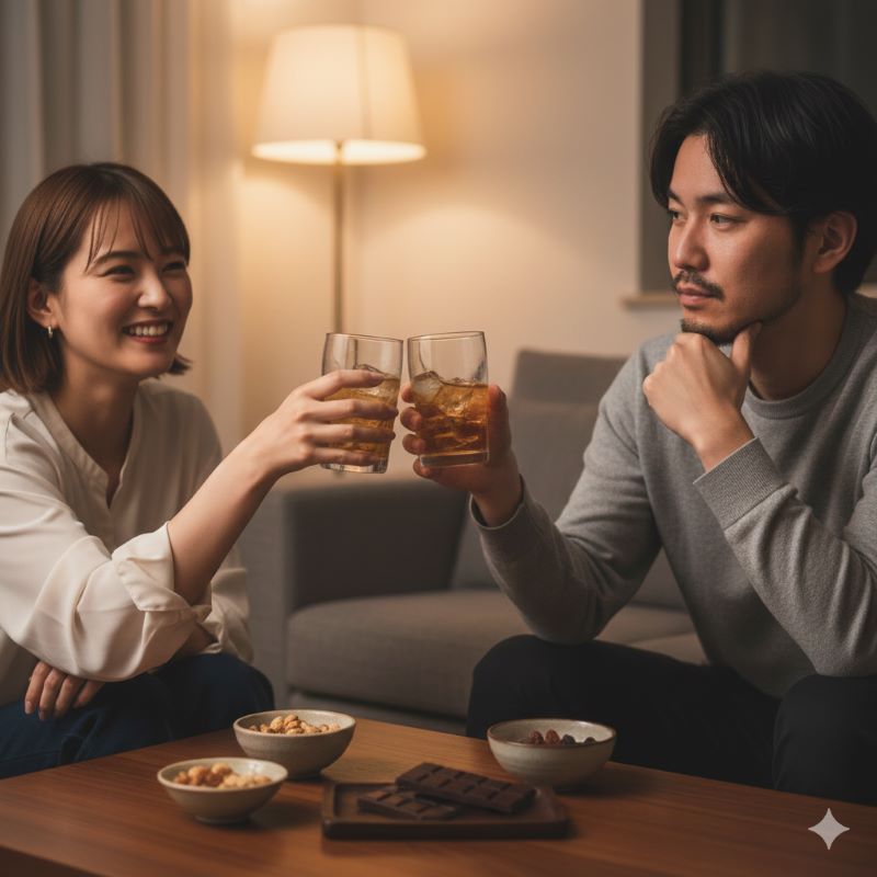 ホームパーティーでハイボールを飲む2人の日本人。一人は美味しそうに笑顔を見せ、もう一人は味わい深く考え込んでいる様子で、好みが分かれる評判を表現。テーブルにはチョコやナッツなどのつまみがある。