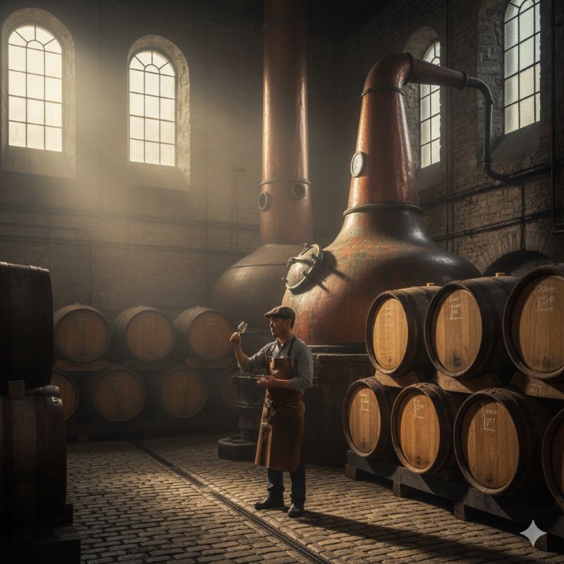 アイルランドの伝統的なウイスキー蒸留所にある銅製のポットスチルと熟成樽の風景
