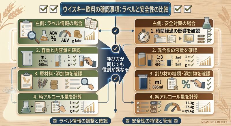 缶の度数、容量、原材料表示と年齢、運転、服薬、体調、摂取量を確認するチェックリスト