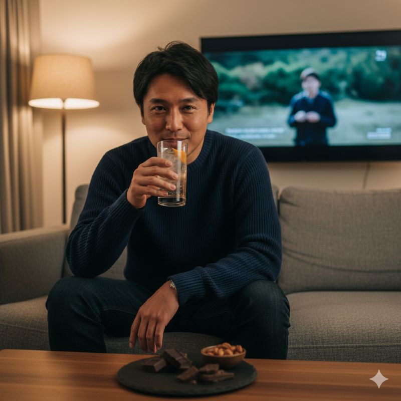 夜のリラックスタイムに自宅のソファでハイボールとダークチョコレートを楽しむ日本人男性