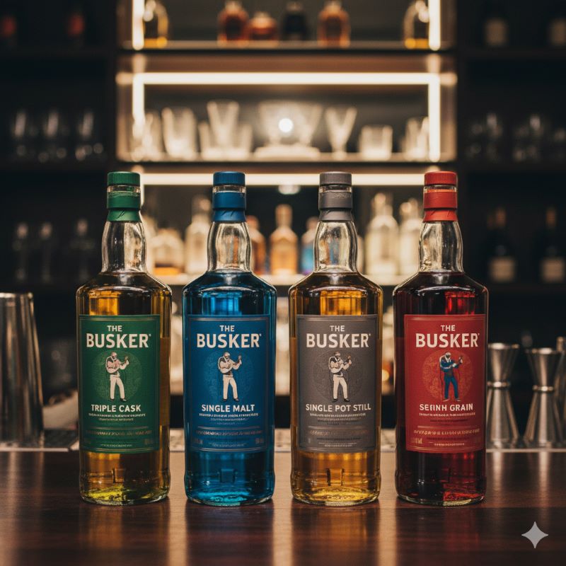 バーカウンターに並べられた緑、青、灰、赤のラベルカラーを持つ4種類のウイスキーボトル