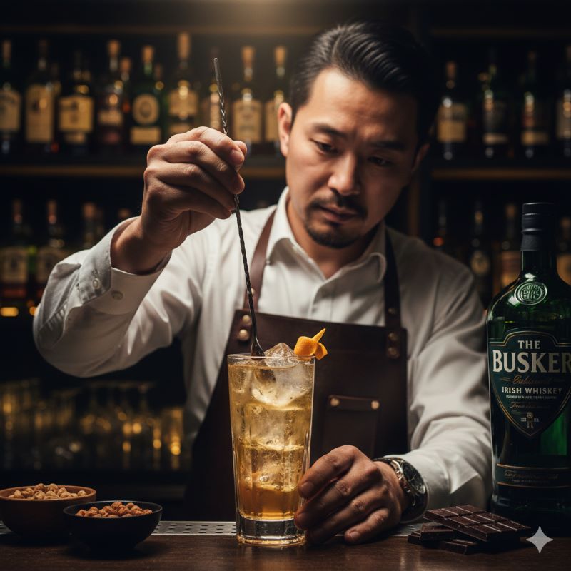 プロの日本人バーテンダーが氷の入ったグラスで丁寧にハイボールをステアしている様子