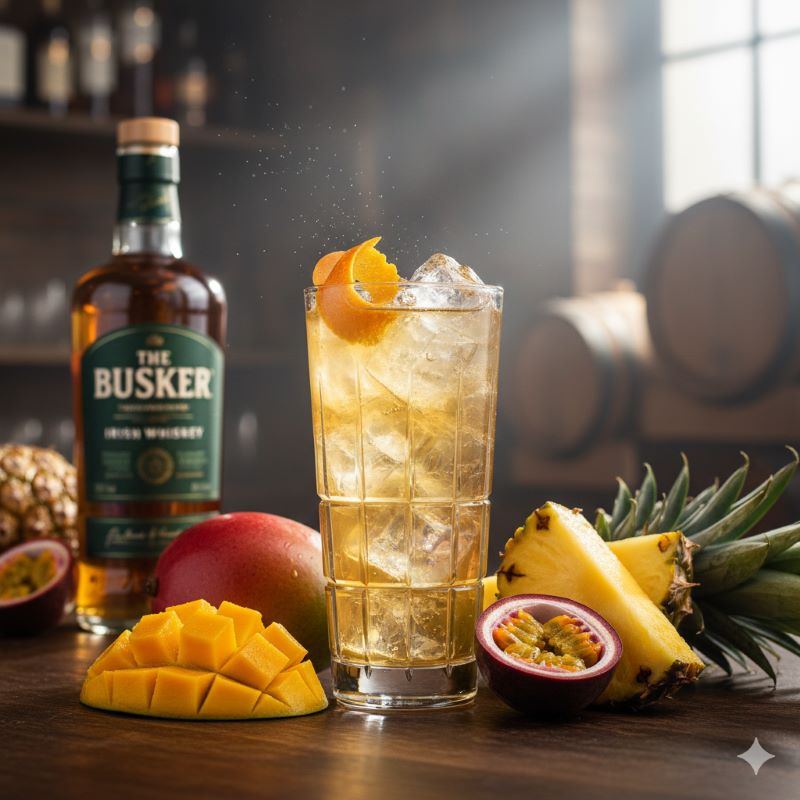 バスカーハイボールの特徴であるトロピカルな香りをイメージした、マンゴーやパイナップルなどの果実とハイボールの画像