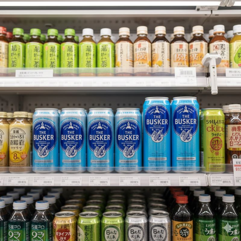 コンビニエンスストアの陳列棚に並ぶ、通常サイズと500mlロング缶のバスカーハイボールのイメージ