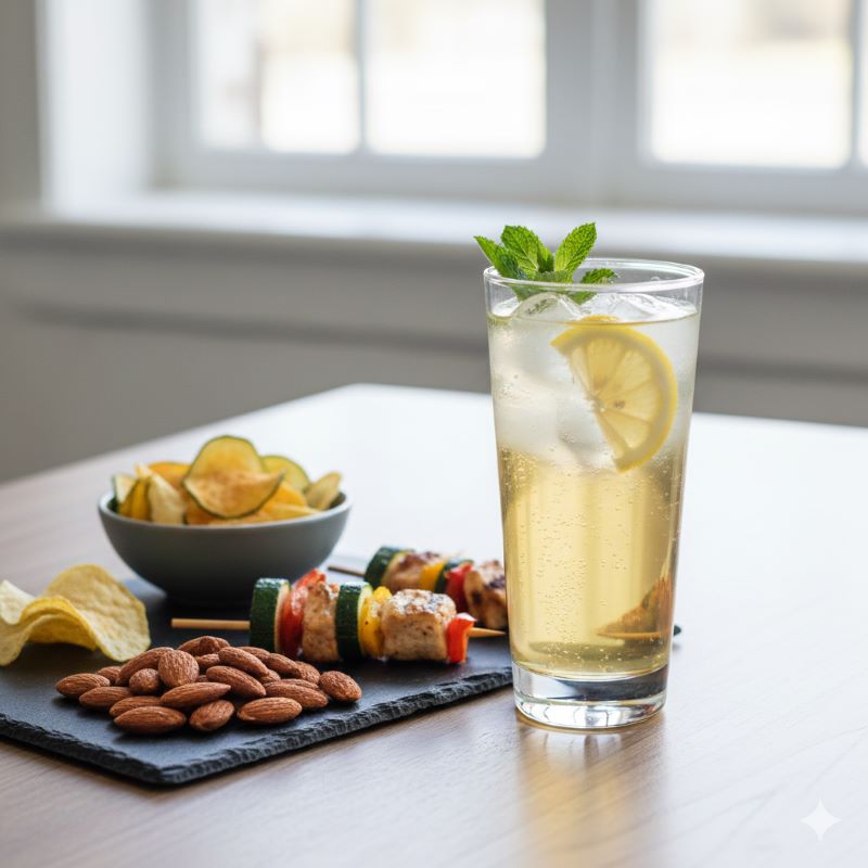 健康的なおつまみと共に楽しむ、低糖質でヘルシーなハイボールの爽やかなテーブルイメージ
