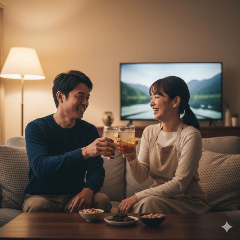 暖かい照明のリビングでハイボールグラスを片手に乾杯し、晩酌を楽しむ日本人カップルの風景