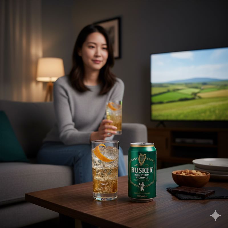 落ち着いた照明のリビングで、ローソン限定缶を思わせる緑色の缶とグラスに注がれたハイボールが置かれているリラックスしたシーン