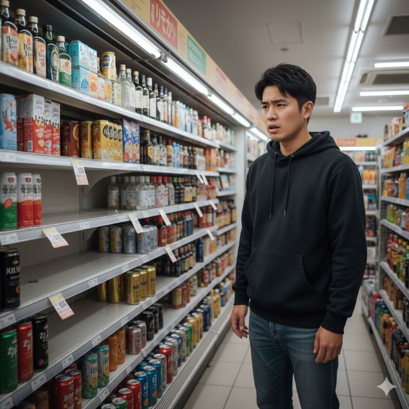 コンビニエンスストアのお酒売り場で、商品が売り切れて空になった棚を残念そうに見つめる日本人の様子