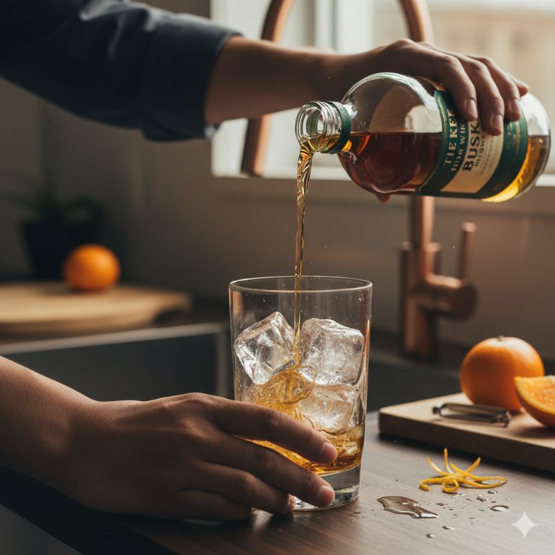 自宅のキッチンカウンターで、氷たっぷりのグラスにウイスキーを注ぎ、美味しいハイボールを作っている手元のクローズアップ