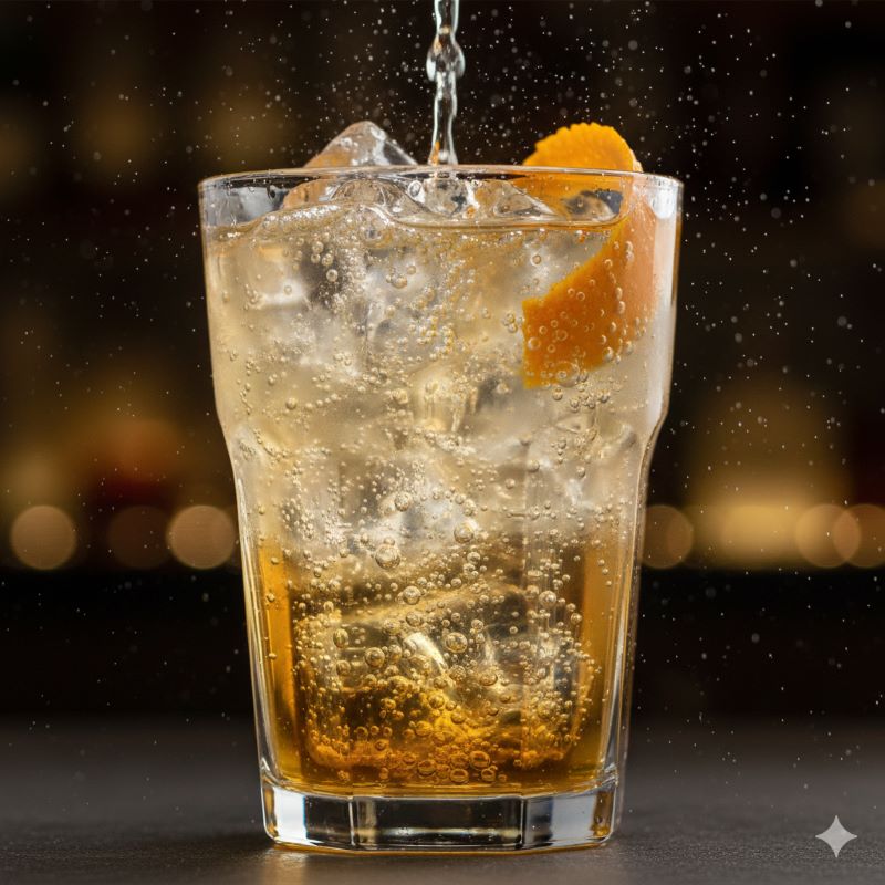 ウイスキーとソーダの黄金比をイメージさせる、炭酸が美しく弾けるハイボールのシズル感あふれる断面図