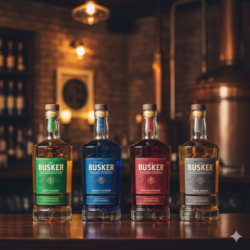 木製のバーカウンターの上に、緑、青、赤、灰色の異なる色のラベルが貼られた4本のウイスキーボトルが整列している様子。