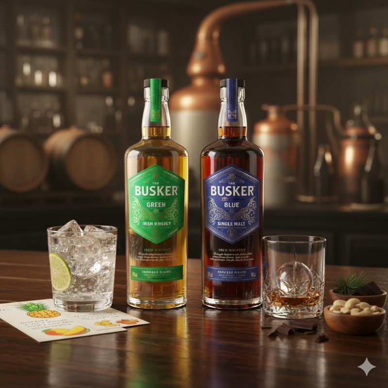 シックな雰囲気のテーブルの上に、緑色のラベルのウイスキーボトルと青色のラベルのウイスキーボトルが並んで置かれ、それぞれの個性を際立たせている様子。
