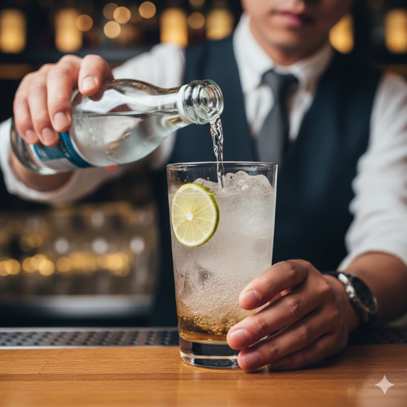 清潔感のある日本人のバーテンダーが、氷の入ったグラスに炭酸水を丁寧に注ぎ、美味しそうなハイボールを作っている手元のクローズアップ。