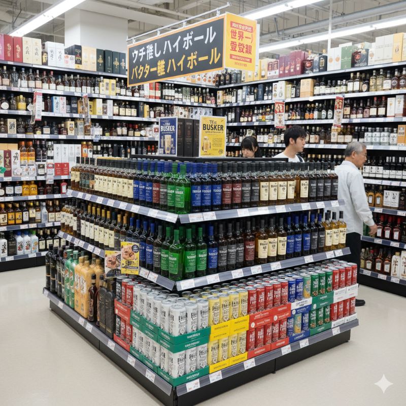 日本の大型酒販店の陳列棚に、多種多様なウイスキーと共にカラフルなラベルのボトルが並んでいる様子。