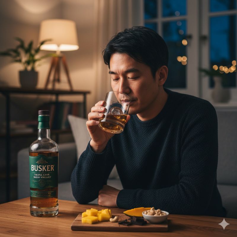 自宅のリラックスした環境で、バスカー（緑）をストレートで試飲し、その香りと味わいを真剣に確かめている日本人男性。