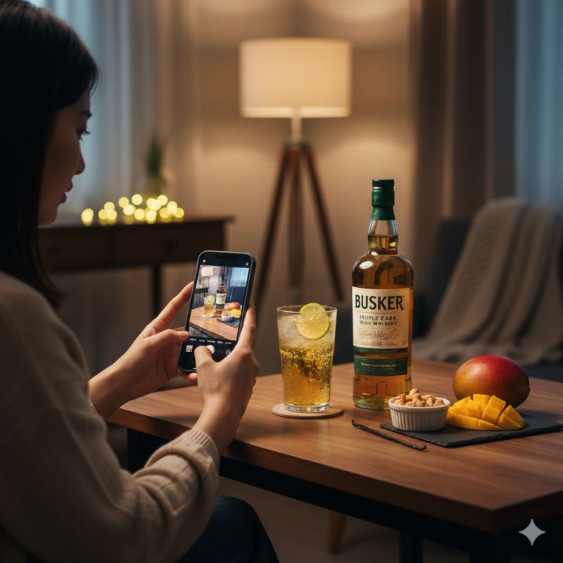 SNSでの人気を象徴するように、自宅のおしゃれな空間でバスカー（緑）のボトルの写真をスマートフォンで撮影している日本人の様子。