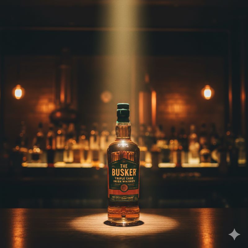 数あるウイスキーの中でも特に人気があることを示すように、バスカーの緑色のボトルにスポットライトが当たり、際立っている様子。