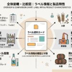 ウイスキー銘柄の分類、原料、製法、熟成樽、アルコール度数、表示、保管条件を整理した資料風イメージ