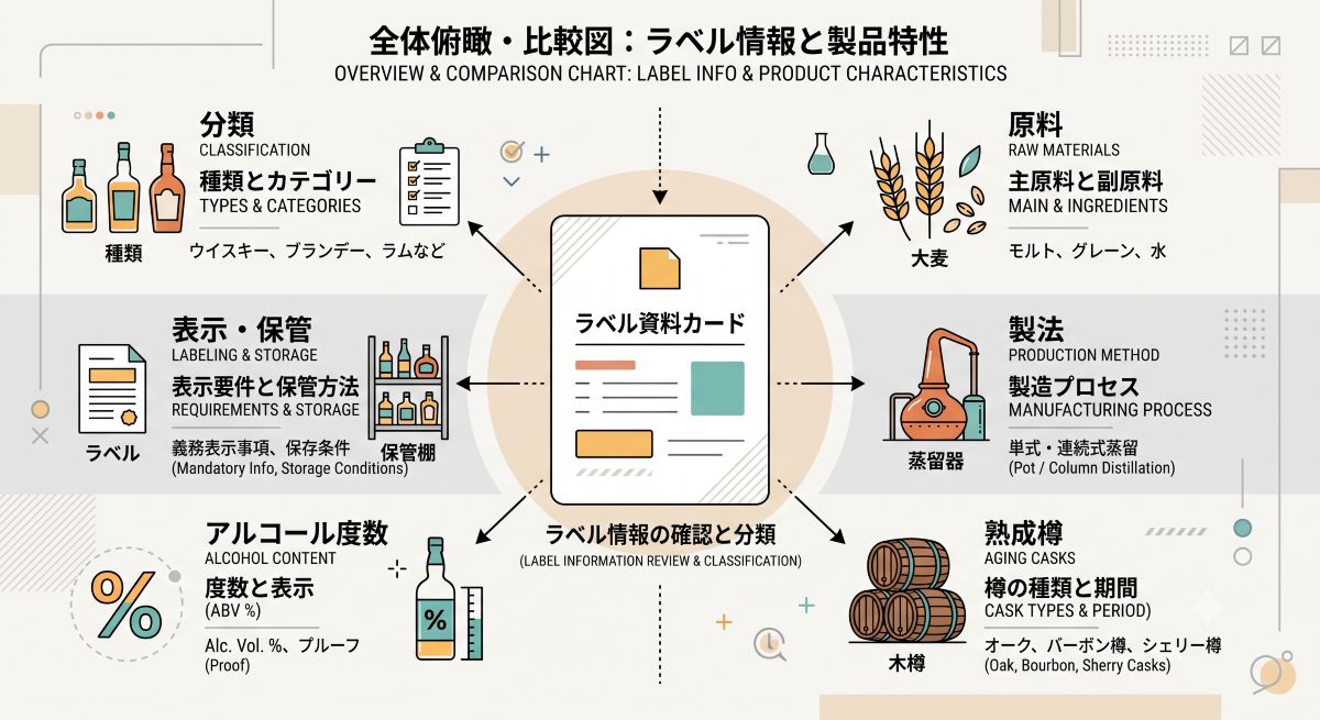 ウイスキー銘柄の分類、原料、製法、熟成樽、アルコール度数、表示、保管条件を整理した資料風イメージ