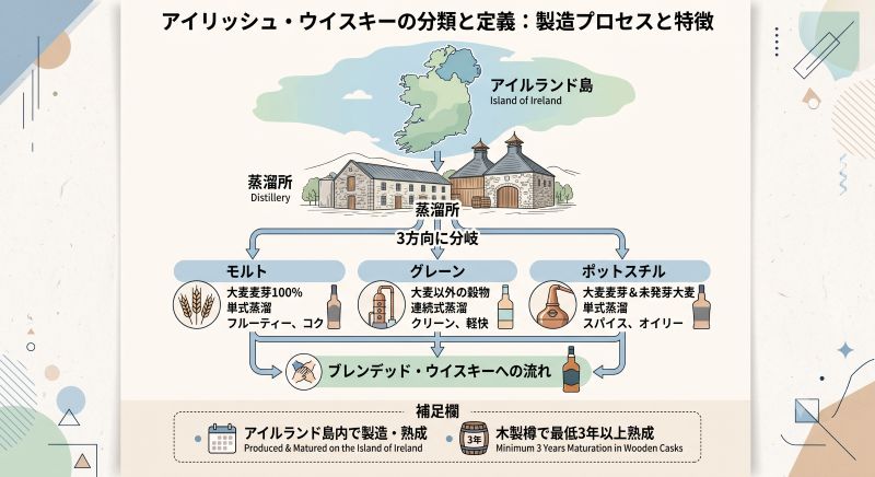 アイルランド島の製造地域とモルト、グレーン、ポットスチルの3種類のウイスキー製造を整理したフロー図風イメージ